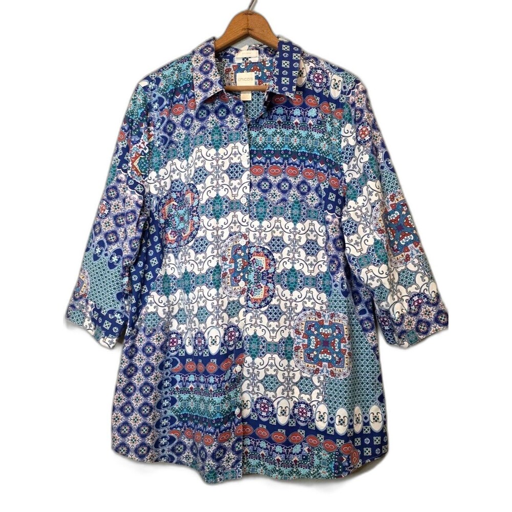 Chicos No Iron Tunic Top Button Front Artsy Boho Geo 3/4 Sleeve Size 2 (L/12)